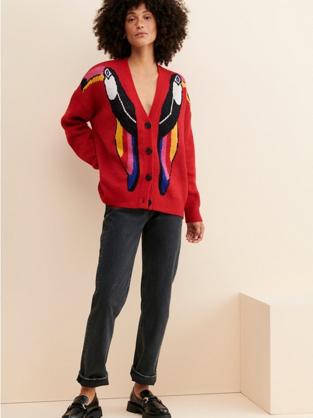 FARM Rio Red Parrot-Intarsia V-Neck Cardigan